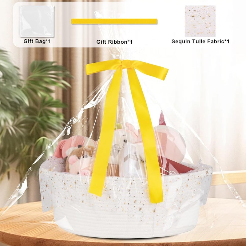 OIAHOMY Large Gift Basket Empty 17" x 12.6" x 7", Storage Basket with Gift Bag, Ribbon and Glitter Tulle for DIY Anytime, Toy Storage for Kids, Dogs with Handles in A Stylish Design - White - Image 3